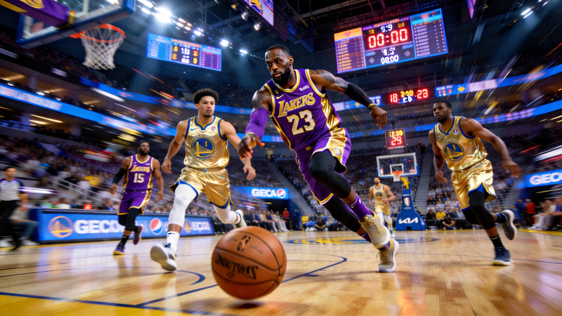 NBA西部决赛湖人队对阵勇士队的高清直播画面，球员激烈对抗